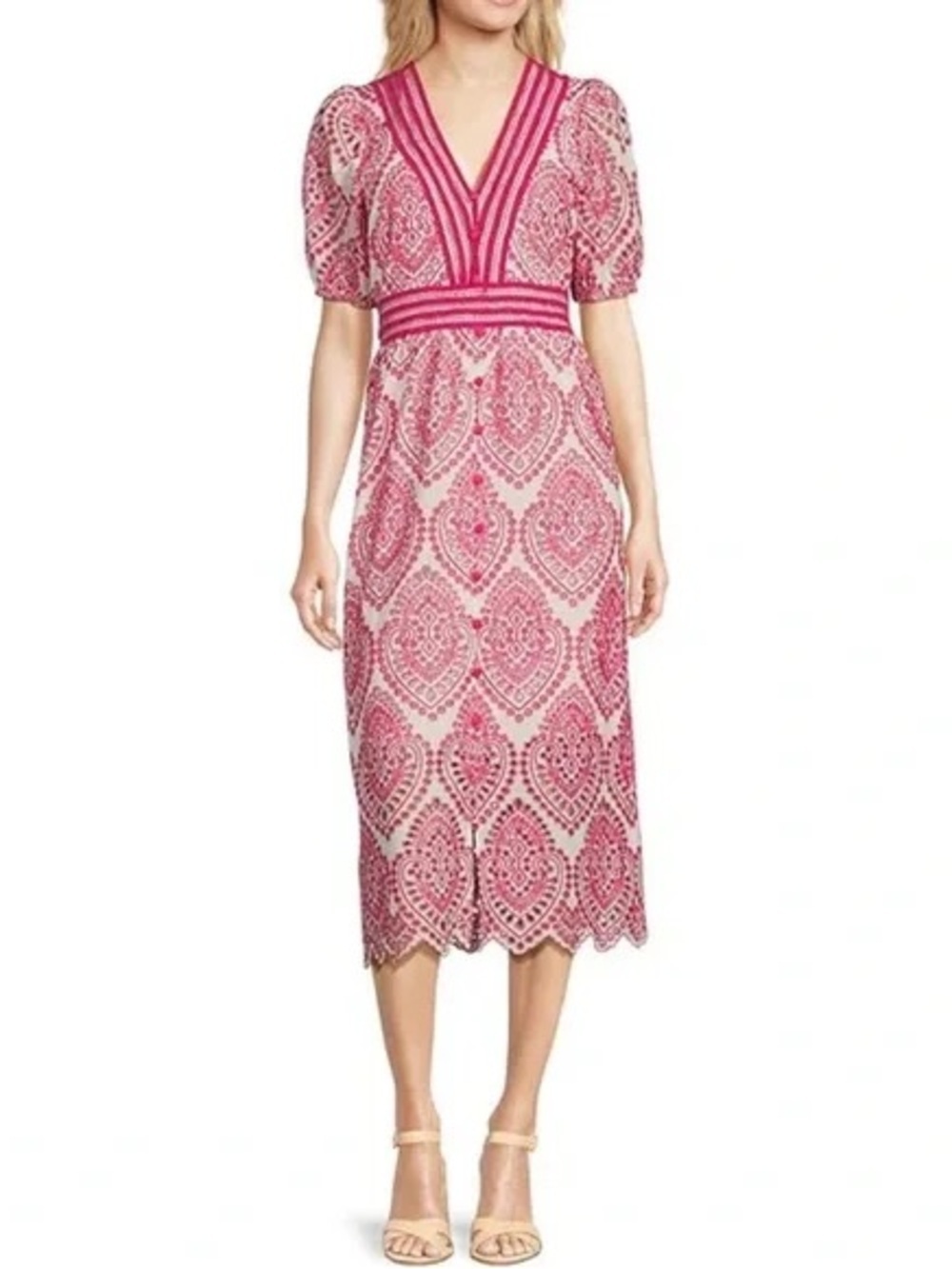 Adelyn Rae Pink Lace Patterned V-Neck Midi Dress with decorative buttons small